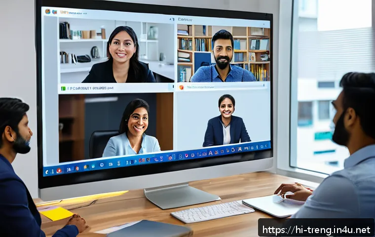 무역영어 자격증으로 국제 NGO 활동 - A diverse group of professionals in a modern international NGO office, actively engaged in a virtual...