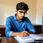 무역영어와 영어 공인시험 병행 학습 - A focused Indian student sitting at a modern study desk in a bright room, surrounded by official tex...