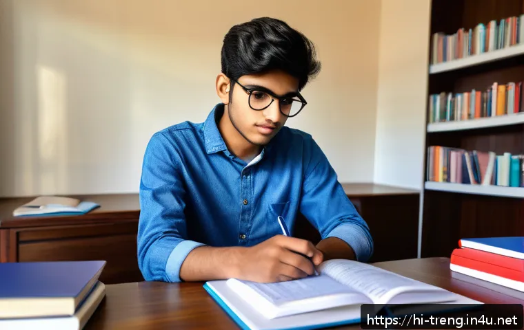 무역영어와 영어 공인시험 병행 학습 - A focused Indian student sitting at a modern study desk in a bright room, surrounded by official tex...