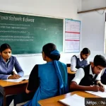 무역영어 필기 시험과 실기 시험의 차이점 - A detailed classroom scene showing a diverse group of Hindi-speaking students attentively participat...