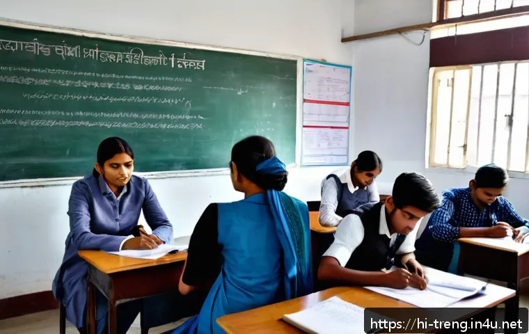 무역영어 필기 시험과 실기 시험의 차이점 - A detailed classroom scene showing a diverse group of Hindi-speaking students attentively participat...