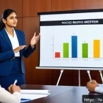 무역영어 자격증으로 진출할 수 있는 분야 - A professional Indian office environment showing a young Indian businesswoman confidently giving a p...