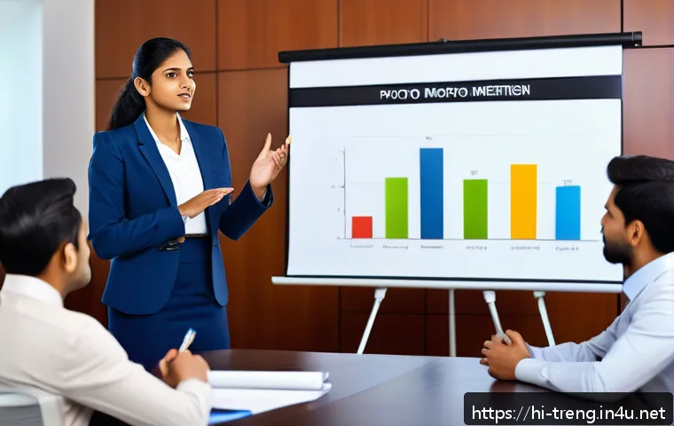 무역영어 자격증으로 진출할 수 있는 분야 - A professional Indian office environment showing a young Indian businesswoman confidently giving a p...