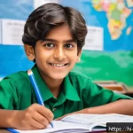 무역영어 시험에서 자주 나오는 질문 - A detailed classroom scene focused on a young Indian student with warm medium skin tone, sitting at ...