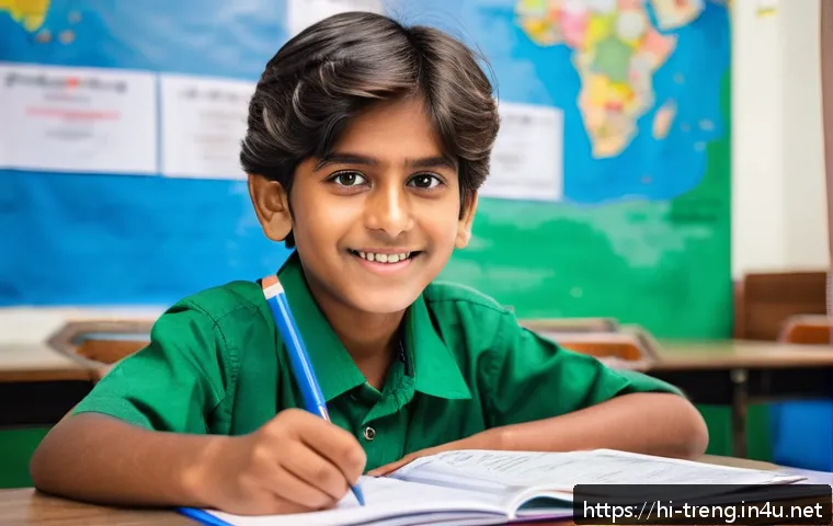 무역영어 시험에서 자주 나오는 질문 - A detailed classroom scene focused on a young Indian student with warm medium skin tone, sitting at ...