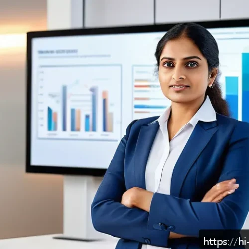 무역영어 자격증과 직무 역량의 상관성 - A professional Indian businesswoman confidently presenting a corporate report in a modern office set...