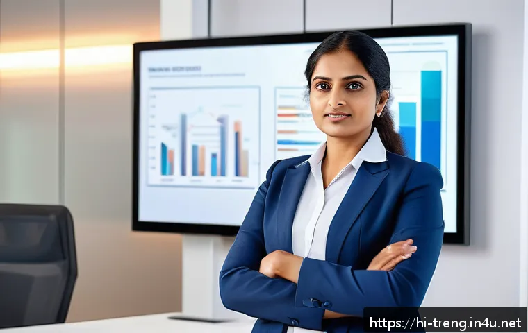 무역영어 자격증과 직무 역량의 상관성 - A professional Indian businesswoman confidently presenting a corporate report in a modern office set...