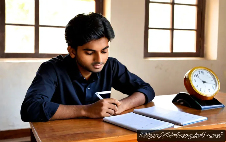 Home 17 무역영어 필기시험의 고득점 전략 - Photorealistic Indian university student preparing for a trade English written examination, seated a...